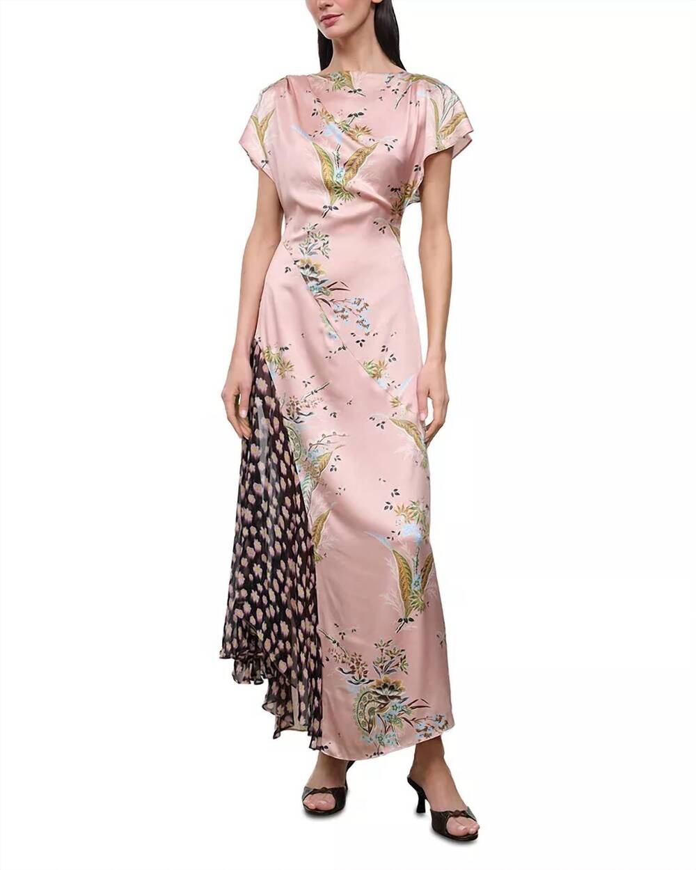 NEW STAUD fawn silk stretch maxi dress in tapestry rose multi